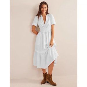 Boden Pintuck Shirred Linen Dress in White